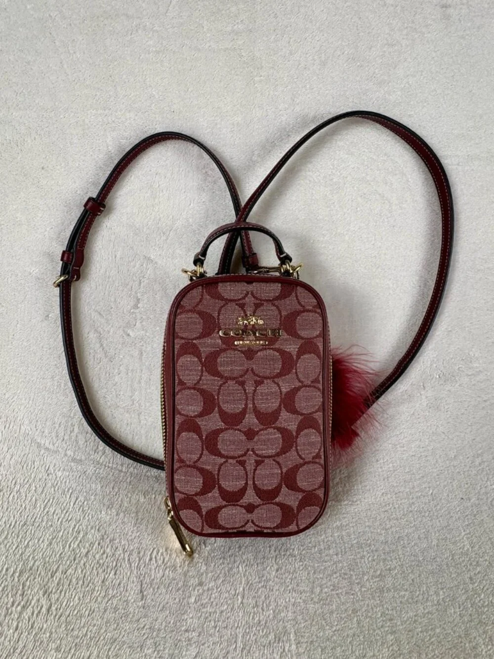 Coach Eva Phone Crossbody in Signature Chambray and Leather in Wine with Charm - Picture 15 of 16